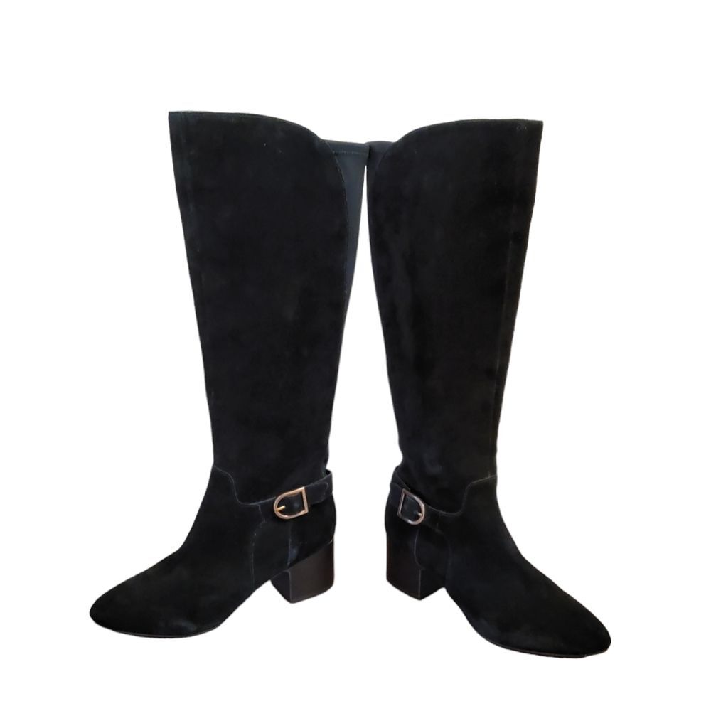 Akhonesty Suede Leather Block Heel Tall Boots Size 7 Black